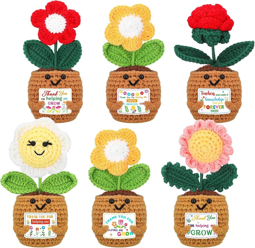 Wavwavw 6 Pcs Teacher Appreciation Gift in Bulk Thank You for Helping Me Grow Teacher Thank You Gift Sunflower Crochet Doll with Card for Graduation Birthday from Students