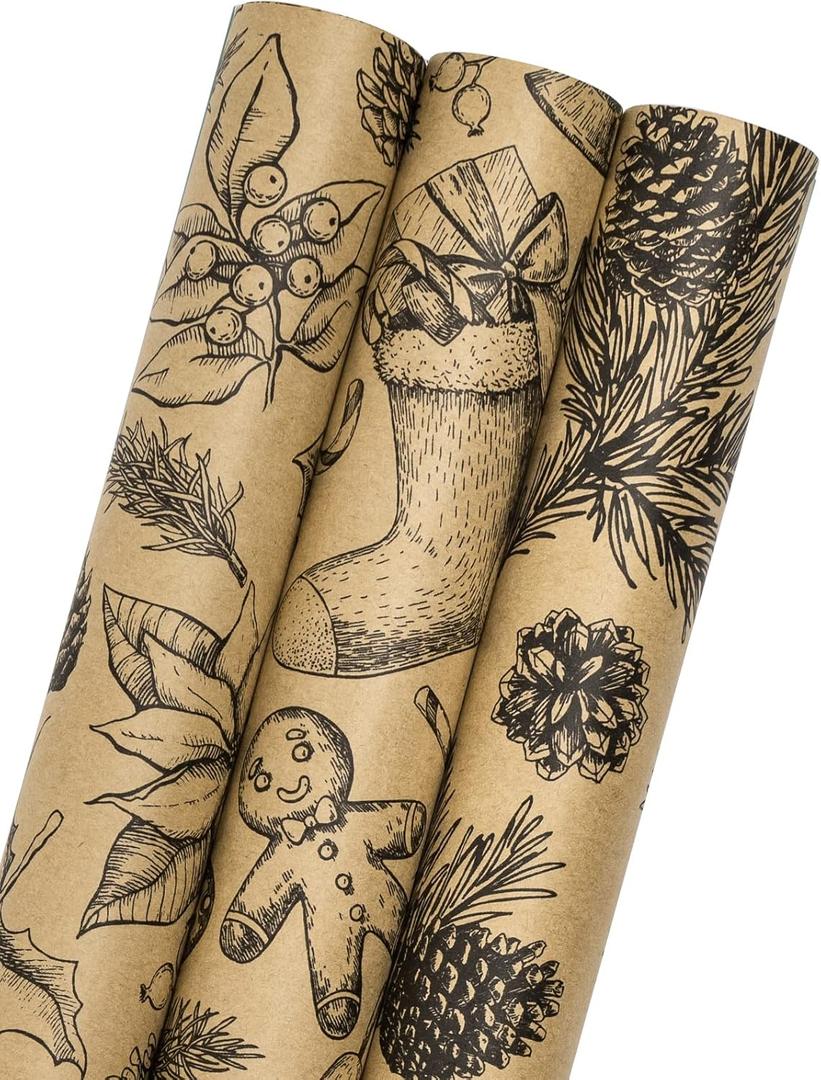 MAYPLUSS Kraft Christmas Wrapping Paper Roll - 3 Mini Roll -17in x120in Per roll,Kraft Vintage Wrapping Paper,Rustic Print for Party,Birthday,Baby Shower,Natural Paper Roll Design (42.3 sqft) (Black)
