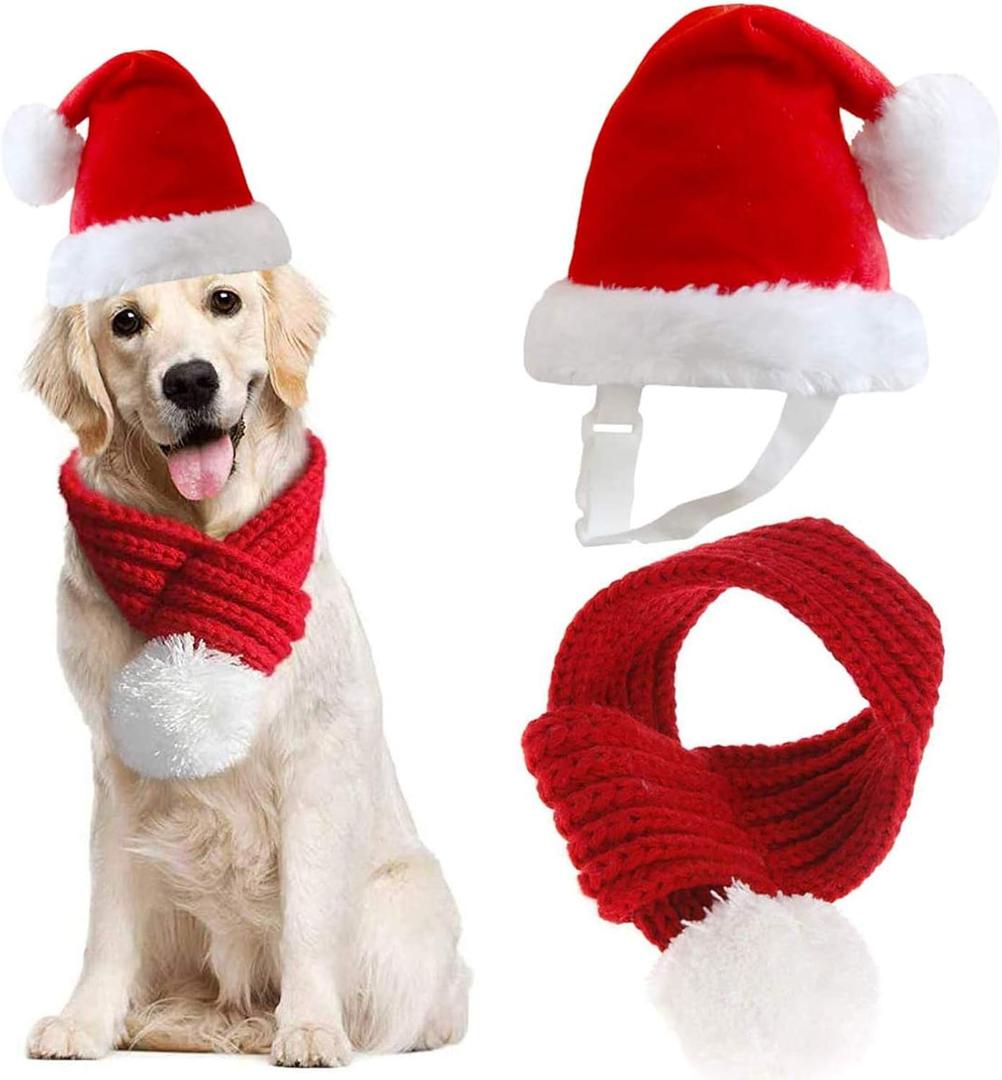 Inscape Data Christmas Dog Santa Hat with Scarf, Adjustable Santa Hat for Dog and Xmas Pet Knit Red Scarf with White Pompom Ball, Dog Winter Neck Warmer Scarf, Christmas Party Dressup , L