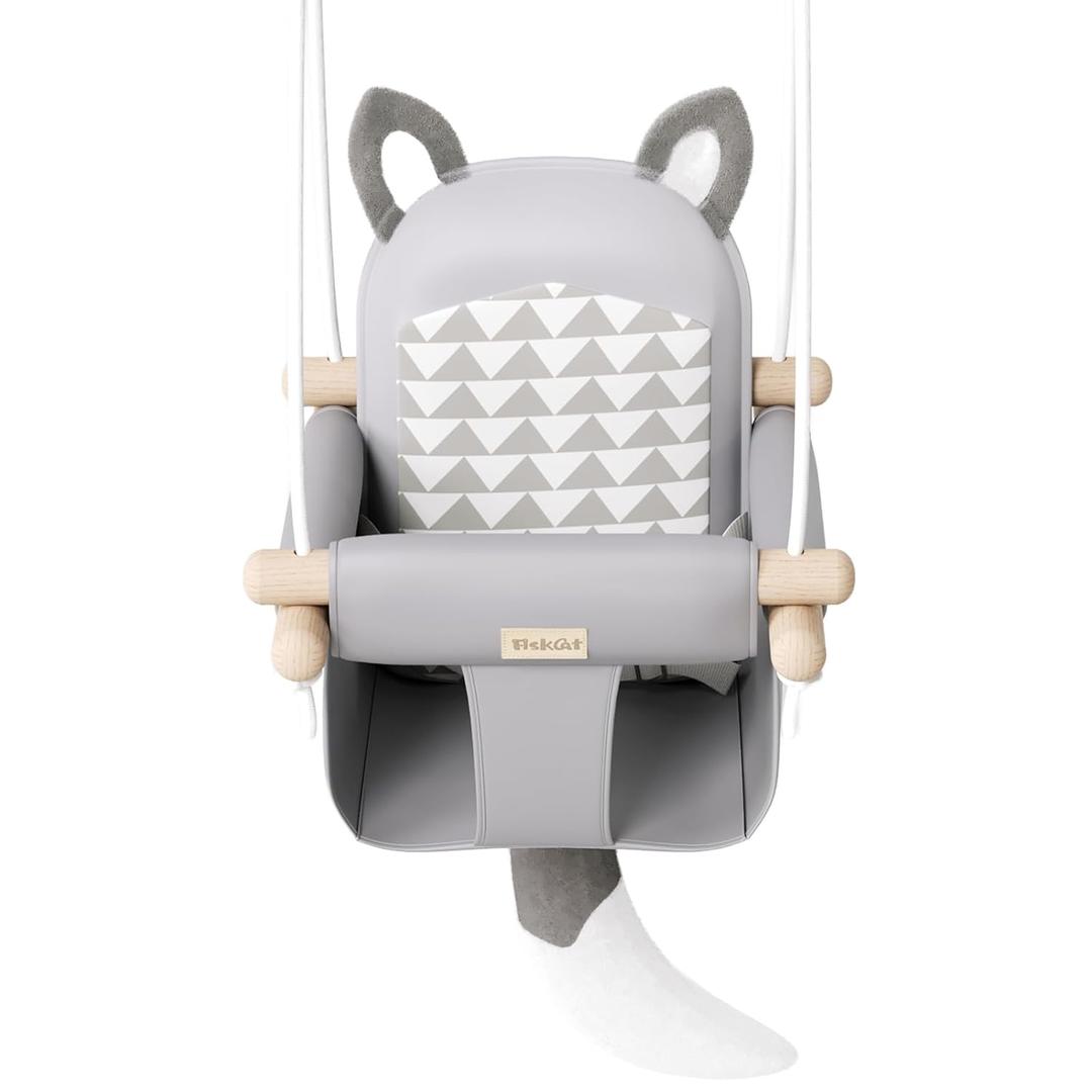 Wooden Hanging Baby Swing with Soft Safety Belt, Cozy Infant Swing Seat for Indoor & Outdoor Use, Adjustable Height, Includes Mounting Hardware – Suitable for Babies & Toddlers（FoxThemed in Gray