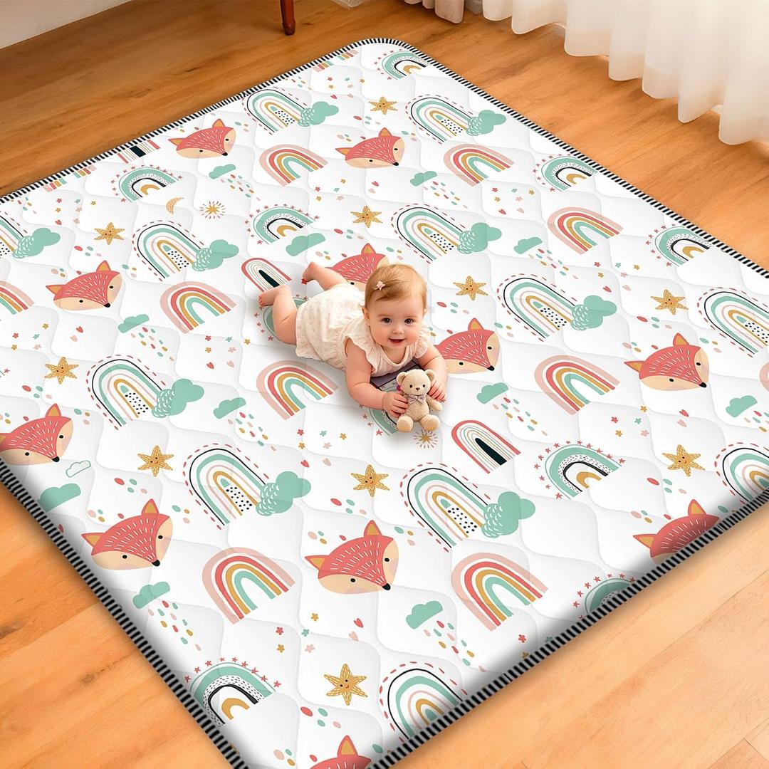 Duwenem Baby Play Mat for Floor,71x59 Inch Soft Padding Crawling Mat for Playpen, Foldable and Machine Washable, Thick for Babies & Toddlers,Rainbow Fox