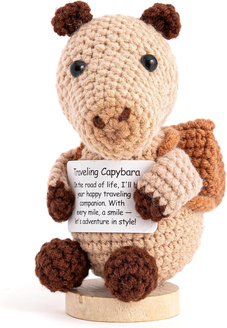 2 x Traveling Capybara  Crochet Toy with Uplifting Message | Gifts for Women | Handmade Plush for Travel & Anxiety Relief