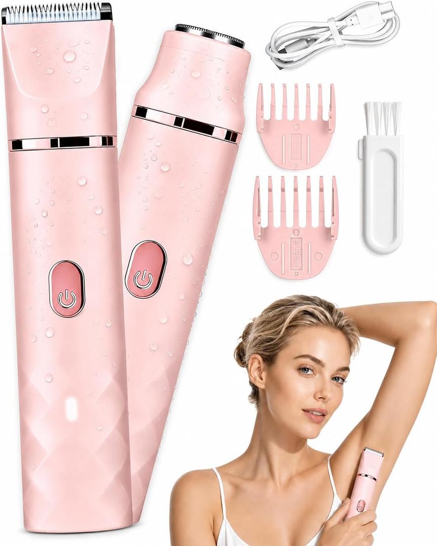Bikini Trimmer for Women, 2-in-1 Ipx7 Waterproof & Painless Womens Electric Razor for Various Types of Hair, with Gentle Ceramic Blades, Rechargeable and Portable, Suitable as an Ideal Gift