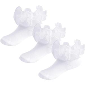 Yenzat Girls Ruffle Socks Pearls Lace Socks for Toddler Little Girls Frilly Dress 3 Pairs (White)