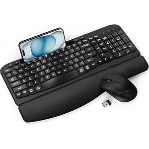 Wireless Keyboard and Mouse Combo, Wave Keys Full-Sized Ergonomic Keyboard with Cushioned Plam Rest, Phone Holder, Comfortable Natural Typing, 2.4G Cordless Set for Computer, Laptop, PC, Mac, Windows