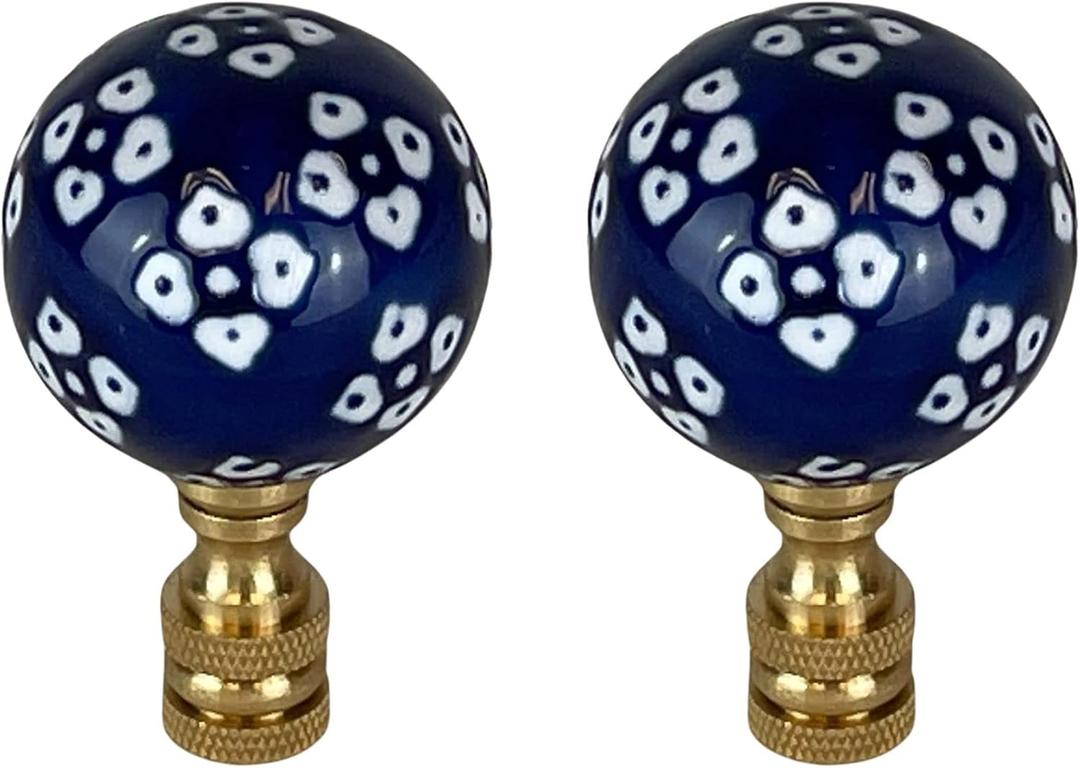 Royal Designs, Inc. Blue/White Porcelain Ball Ornament Design Finial for Lamp Shade, Polished Brass, Pack of 2