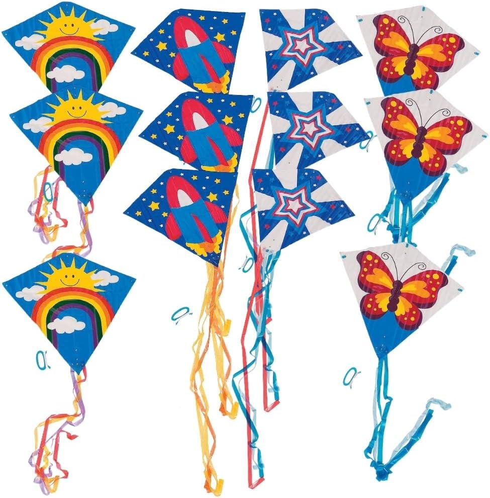 Fun Express Flying Kite Pack, Assorted Styles and Colors, 12 Pieces, 28"