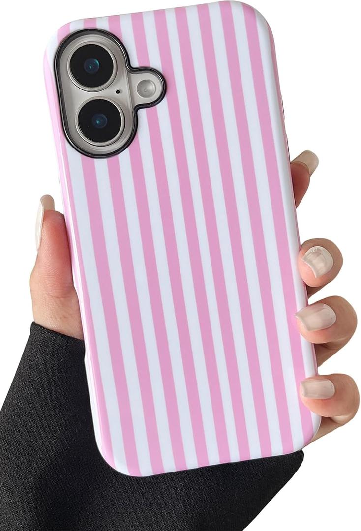 Compatible with iPhone 16 Plus Case Cute Aesthetic Striped Phone Case for Women Girl Shockproof Slim TPU and Hard PC Protective Cover (Pink)