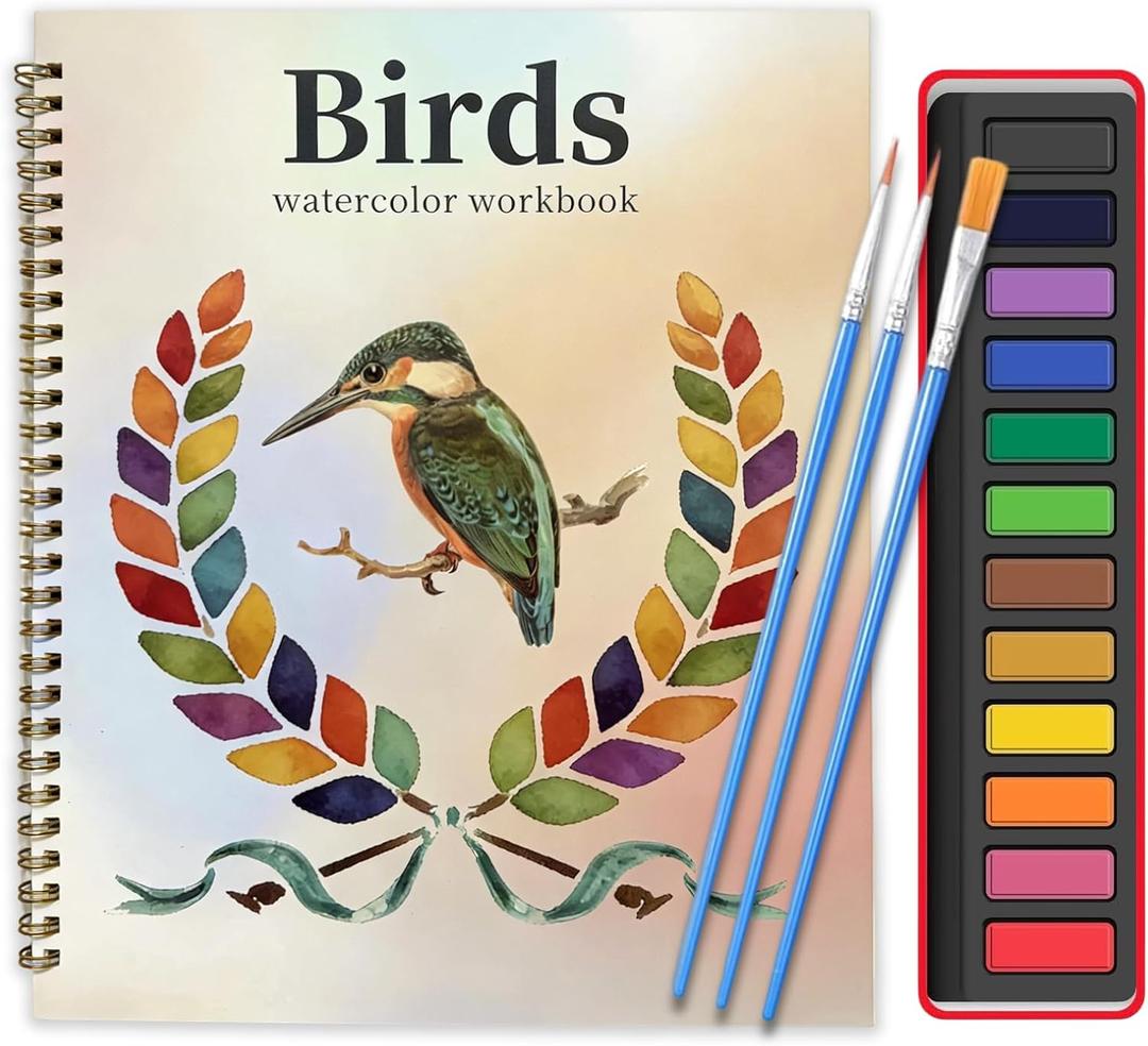 2 x LAOBUSEI Watercolor Workbook, Large 10.3x8.3” Beginner Friendly Watercolor Painting Kit with Thick Paper & 3 Brushes Included, Bird, Animal, Ocean & Flower Themes