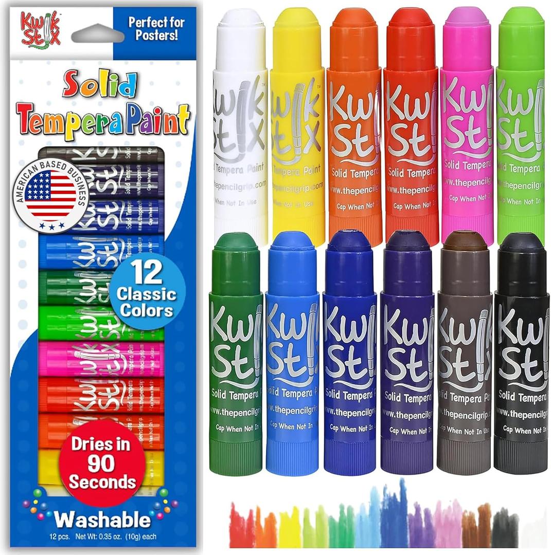Kwik Stix Solid Tempera Paint Sticks, 12 Colors, Washable Paint Sticks for Kids, Super Quick Drying, Non-Toxic, Allergen Free, Comes in Classic Rainbow Colors, Ideal for Kids and Toddlers (Assorted)
