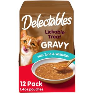 Delectables Lickable Treat Gravy Wet Cat Treat with Real Tuna & Whitefish, Food Topper, Hydrating, Grain-Free, No Fillers, By-Products, Added Preservatives, 1.4oz Pouch, 12ct (EXP 12/17/27)