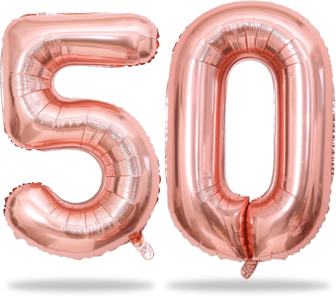 Rose Gold 50th Birthday Balloons - 40 Inch Large Mylar Foil Number 5 and 0 Balloons for Women's 50th Anniversary Party Decorations
