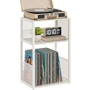 VASAGLE Record Player Stand, 3-Tier Side Table, Vinyl Record Storage up to 100 Albums, End Table for Living Room, Bedroom, Rustic White ULET275W01