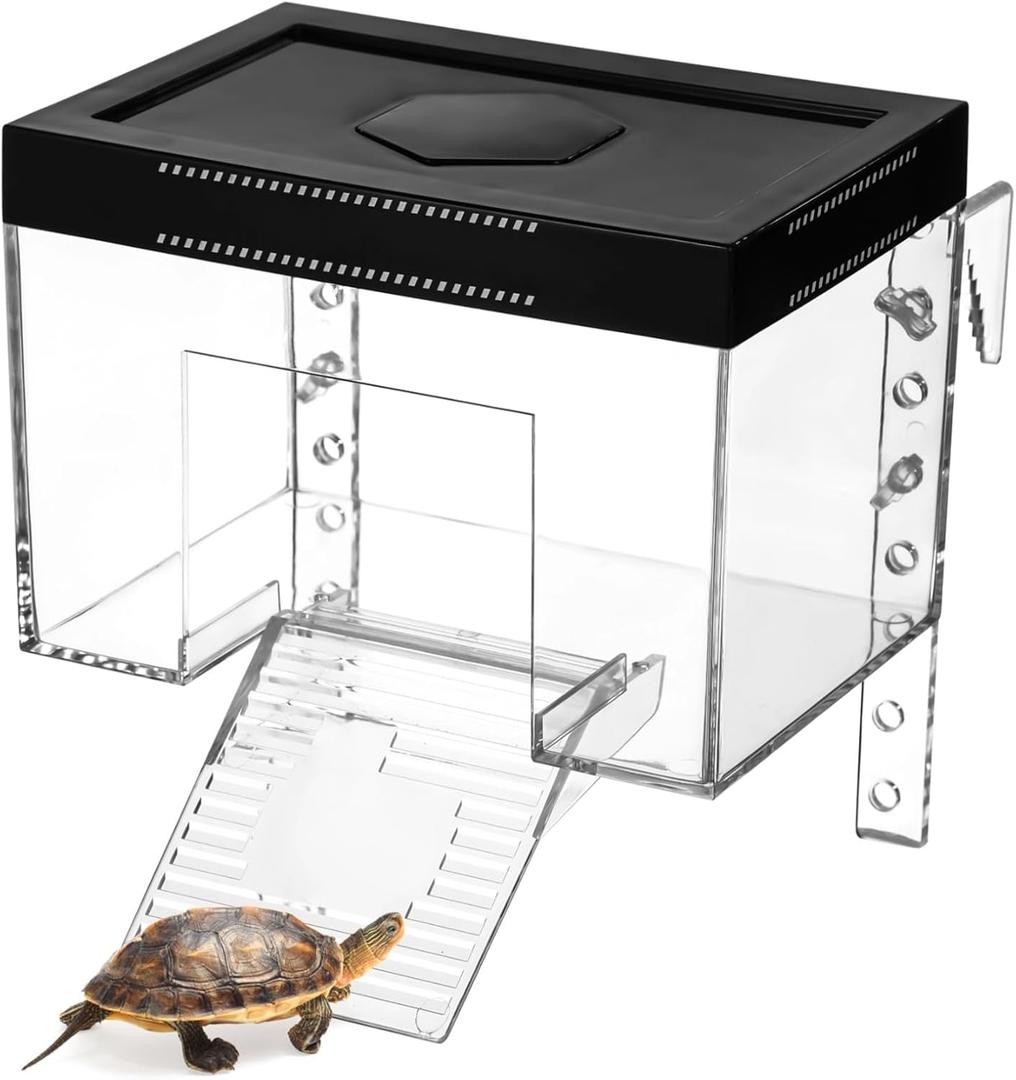 Tortoise Sunshine Warm Room, Elevated Transparent Turtle Basking Platform with Ramp & Lid, Adjustable Height, Small Turtle Habitat with Reserved Hole for Hex Basking Lamp (Small)