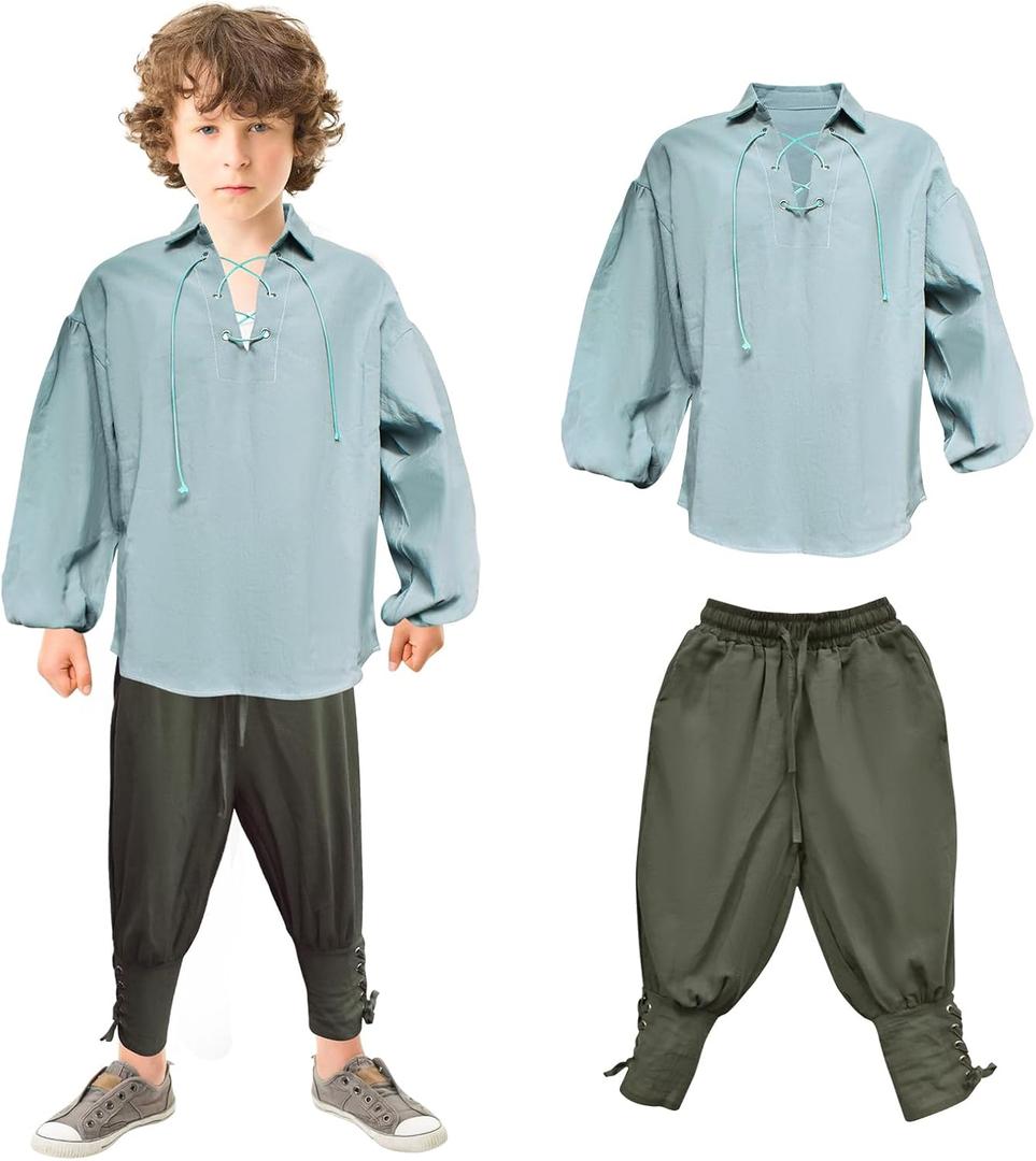 Boys Medieval Pirate Costume Shirt & Ankle Pants Kids Renaissance Viking Halloween Costumes , 4-6 Years, Grey/green