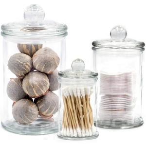Mini Glass Apothecary Jars, Bathroom Storage Organizer Canisters for Cotton Swabs, Cotton Balls, Makeup Sponges, Bath Salts, Hair Ties, Makeup - Set of 3