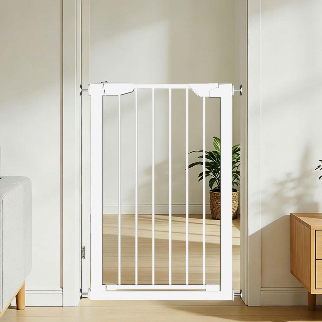 Fairy Baby 36" Tall Narrow Baby Gate 22.8"-25.5" Wide for Doorways & Stairs | Small Pet Gate for Walk Thru, Pressure Mounted Dog Gate for Small Opening, Auto Close No Drill Metal Safety Child Gate, White