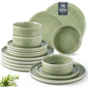 AmorArc Ceramic Dinnerware Sets, Handmade Reactive Glaze Stoneware Plates and Bowls Sets,Highly Chip and Crack Resistant | Dishwasher & Microwave Safe Dishes Set, Service for 6 (18pc) (Green)