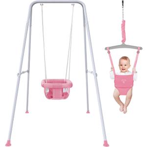 2 in 1 Baby Jumper with Swing - Indoor and Outdoor Use, Toddler Swing with Foldable Stand Pink