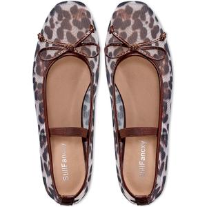 Ballet Flats with Bow Square Toe Ballerina Flats Slip on Bowknot Flat Shoes for Women Dressy Comfortable (8.5, Mesh Leopard Brown)
