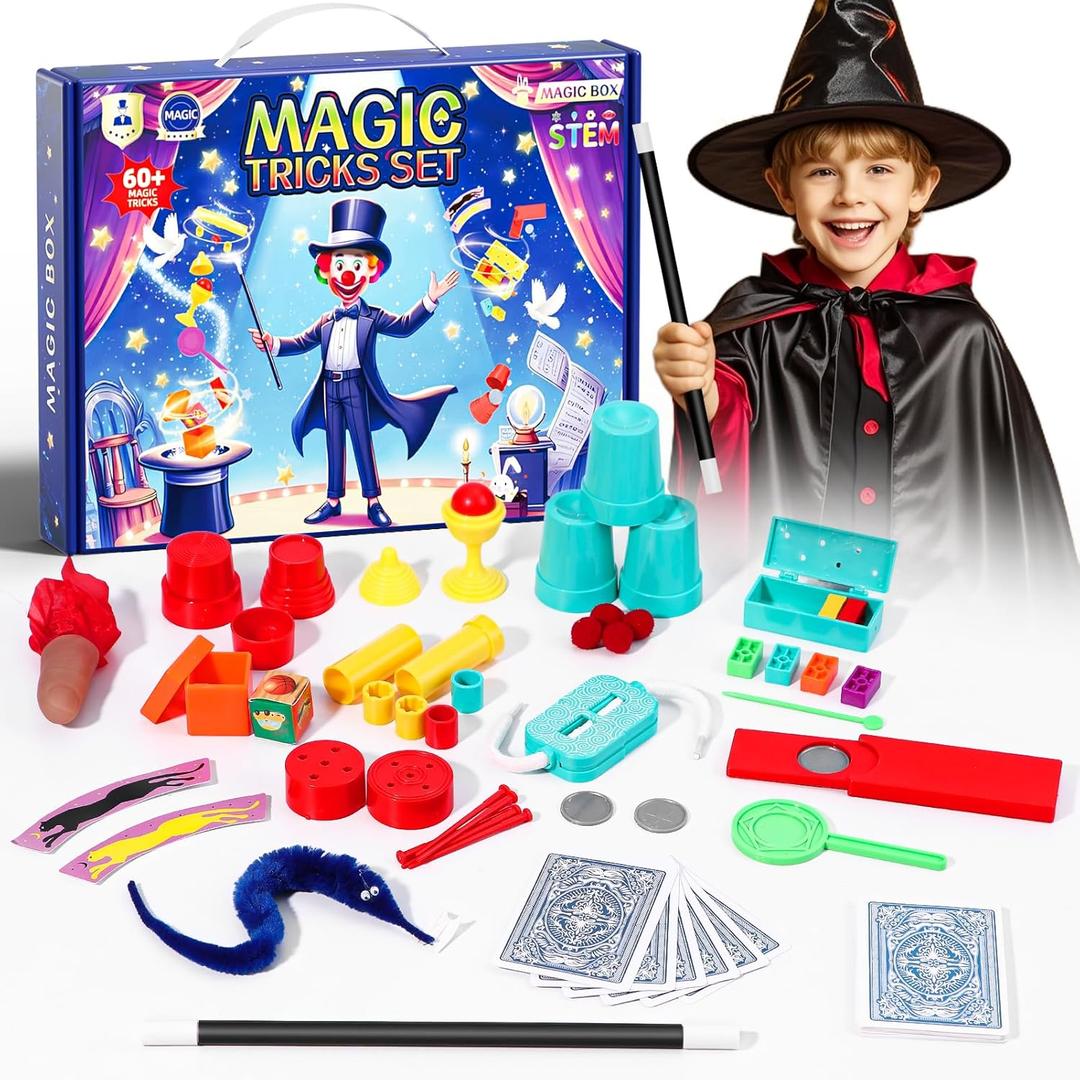 Magic Tricks Kit, 60+ Magic Tricks for Kids Age 6 7 8 9 10 11 12, Magician Set with Magic Props & Instruction for Beginners & Kids, Christmas Halloween Birthday Gifts for Kids