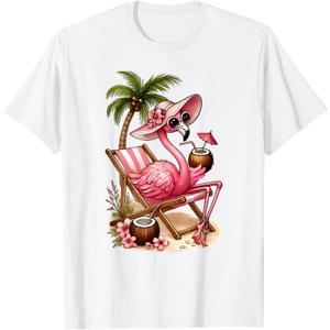 Women's Girls Pink Flamingo Beach Palm Tree Cute Flamingo T-Shirt XS