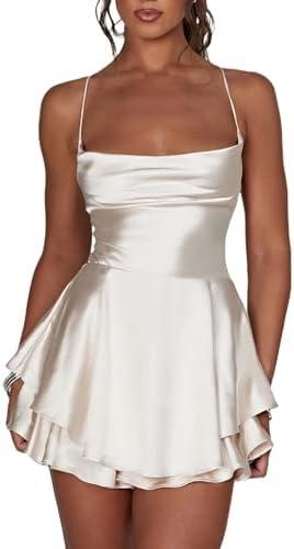 Women's Sexy Satin Mini Dress Sleeveless Tie Backless Cowl Neck Cocktail Party Silk Mini Cami Dress, Size S
