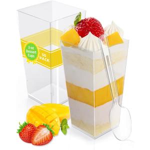 duskeep 100 Pack 3 oz Plastic Mini Dessert Cups with Spoons, Square Tall Clear Shooter Cups for Dessert, Individual Treat Cups, for Cake Parfait Appetizer Mousse Yogurt Pudding Fruit