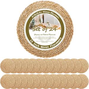 13 Inch Placemats Set of 24, Boho Round Woven Place Mats for Dining Table Decor, Rustic Jute Chargers for Dinner Plates, Outdoor Patio, Farmhouse Wedding, Water Hyacinth Wicker Rattan Braided Placemat