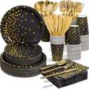 2026 Black and Gold New Years Eve Party Supplies Decorations, 350PCS Disposable Dinnerware Set w/Black Gold Dot Paper Plates Napkin Cup Plastic Forks Knives Spoon for Birthday Christmas Retirement