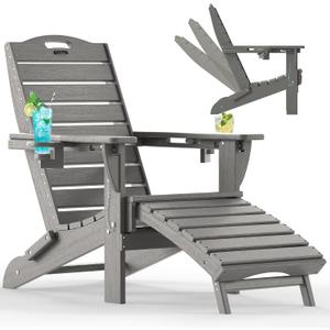 Ciokea Folding Adirondack Chair with Retractable Ottoman Fire Pit Patio Chair with Pull Out Foot Rest Weather Resistant Lawn Outdoor Lounge Chair with 2 Cup Holder (Grey)