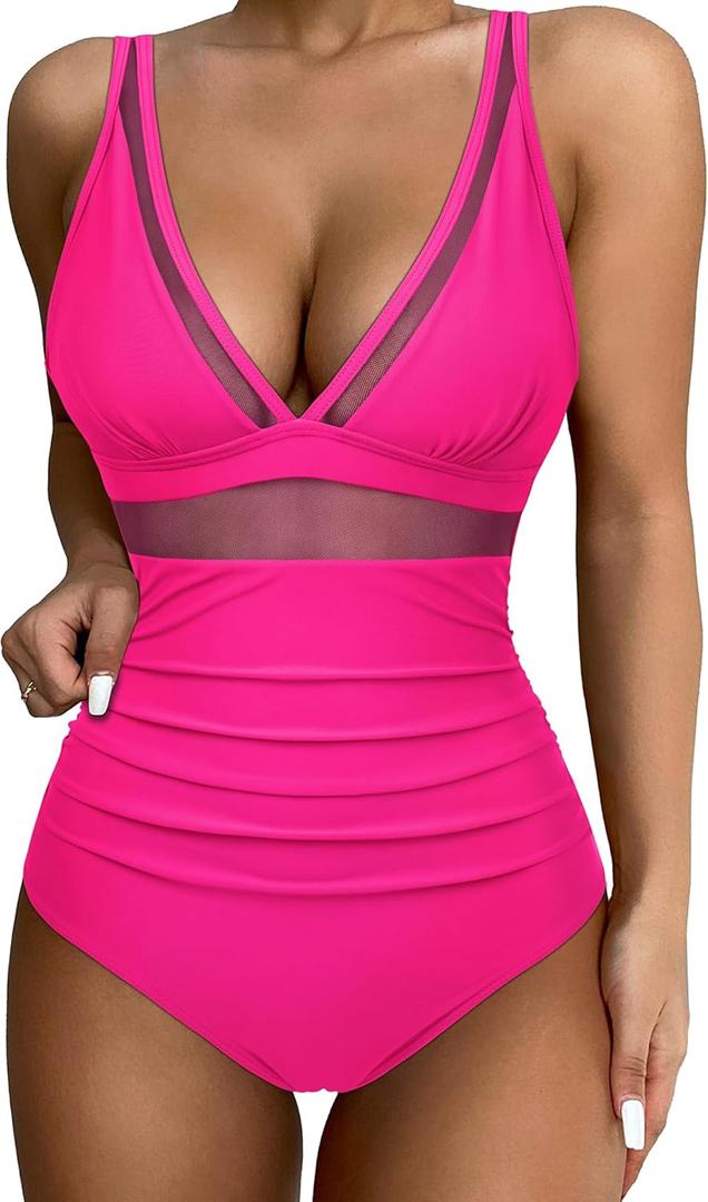 SUUKSESS Women Slimming Tummy Control One Piece Swimsuits Sexy Mesh High Waisted Monokini Bathing Suits (Hot Pink, XL)