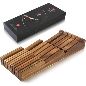 XINZUO In-drawer Knife Block, Natural Acacia Knife Drawer Oganizer, Insert-Kitchen Storage Holder, 11 Slots, Holds up to 11 Various Size Knives, Countertop Saving&Knife Protective