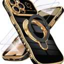 for iPhone 14 Pro Max Case with Screen Protector: Luxury Plated Gold Cute Wavy Edge Love Heart Kickstand Case, Slim Soft TPU Shockproof Protection Cover for iPhone 14 Pro Max (Black)