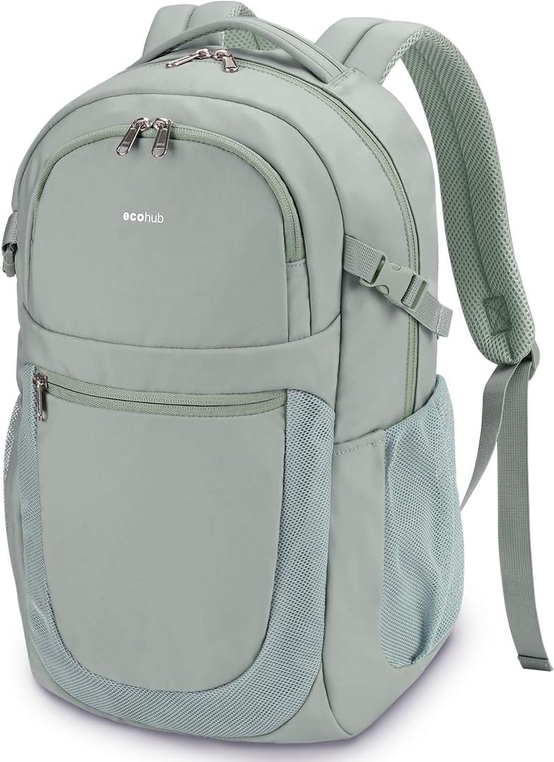 ECOHUB Travel Backpack for Women, 17.3 inch Suspended Laptop Backpack, Fashion Water-Resistant College Computer Bookbag, 28L Personal Item Bag with 12 Pockets for Causal, Work, Green