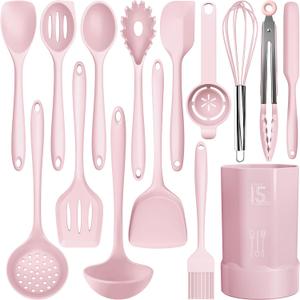 Silicone Cooking Utensils Set - 446F Heat Resistant Kitchen Utensils,Turner Tongs,Spatula,Spoon,Brush,Whisk,Kitchen Utensil Gadgets Tools Set for Nonstick Cookware,Dishwasher Safe BPA Free(Pink)