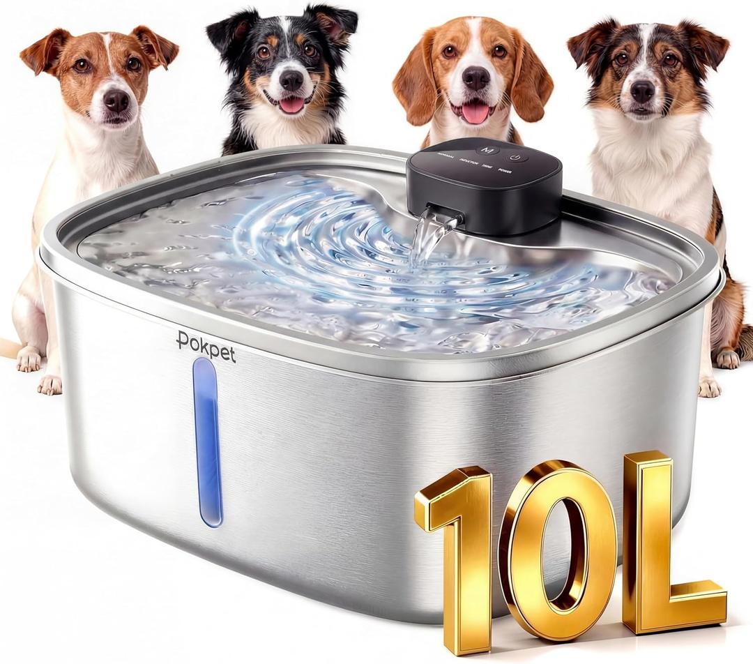 Water Fountain for Dogs Home Outdoor Multi-Pet Stainless Steel 10L/2.64gal Wireless Large Dogs Motion Sensor Dispenser Filtered Cordless Bowl Waterer -Wireless Stainless Steel&1Filters