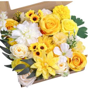 Artificial Flowers Combo Yellow Silk Flowers Mix Fake Rose Dahlia with Stems for Wedding Bridal Bouquets Baby Shower Cake Party Floral Arrangement Table Centerpieces Home Decor