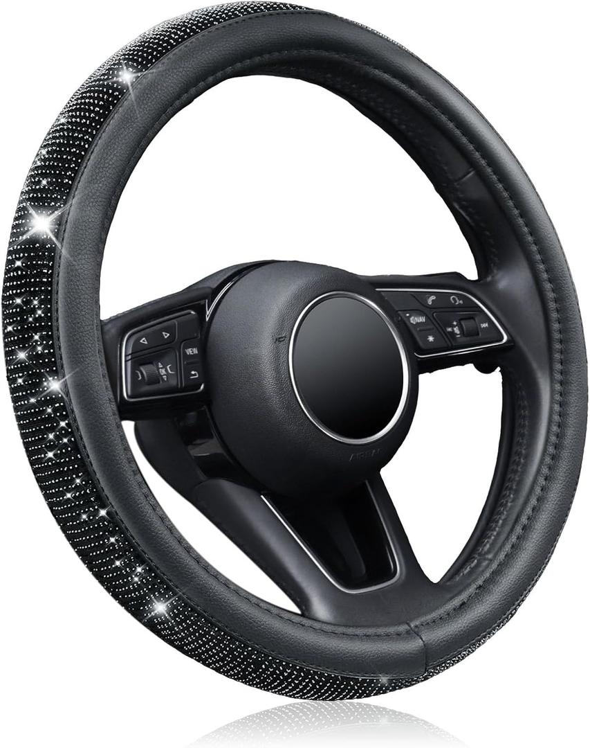 KAFEEK Diamond Leather Steering Wheel Cover with Bling Bling Crystal Glitter Rhinestones, Universal 15 inch, Car Accessories for Women Girl, Black Microfiber Leather Black Diamond