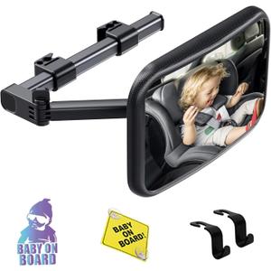 Baby Car Mirror Rear Facing, Safety Adjustable Car Seat Mirror for Baby Extendable Camera Monitor with Hook Clip Design Clear View ShatterProof + 2 Baby on Board Stickers,2 Seat Headrest Hook
