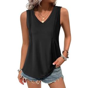 Zeagoo Women's Tank Tops Loose Fit Casual V Neck Boho Summer Pleated Sleeveless Shirts Basic Trendy Outfits Clothes, Medium