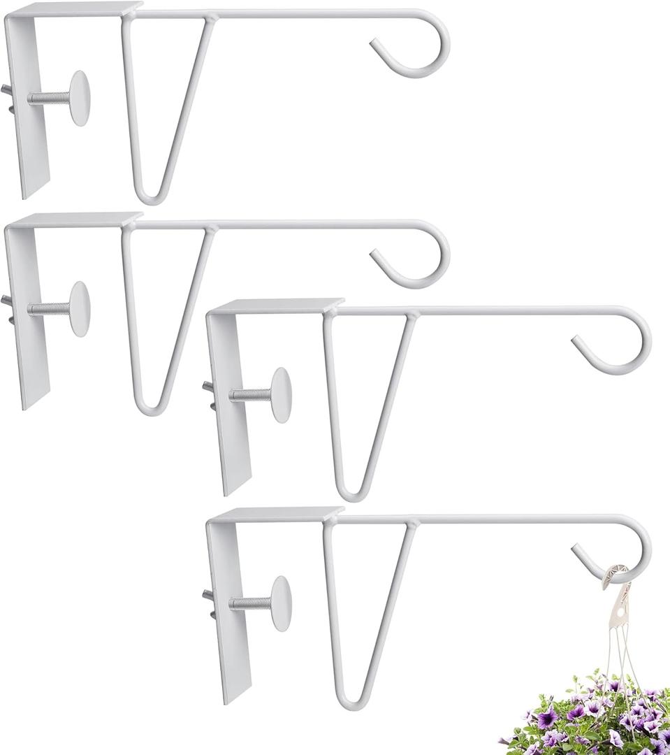 moonoom 4 Pcs Adjustable Vinyl Fence Hooks, Patio Hangers Decorative White Powder Coated Steel Fence Hangers Suitable for Hanging Plants,Lights,Basket (4pcs White)