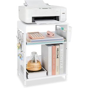LEKETREE Small Under Desk Storage, White Printer Stand with Storage Shelf, 3-Tier Height Adjustable Printer Table with Basket & 3 Hooks for Home Office Fax Machine Scanner Files