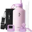 Coolflask Half Gallon Water Bottle Insulated with Straw & 3 Lids, 64 oz Water Jug Large Metal Stainless Steel Wide Mouth for Sports, Gym or Office, Non-BPA Keep Cold 48H Hot 24H, Pink