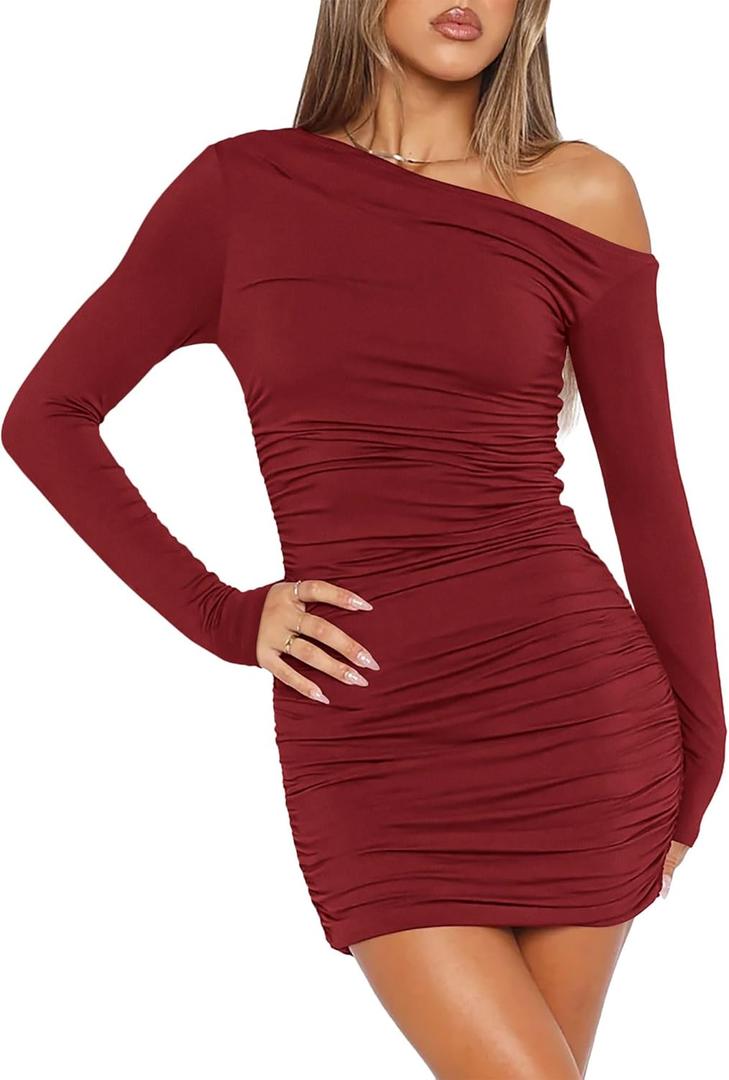 Amkoyam Women's 2025 Sexy Off Shoulder Dress Long Sleeve Bodycon Ruched Formal Cocktail Party Mini Dresses (Red, XS)