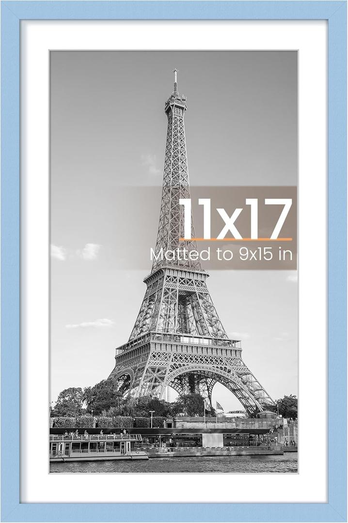 upsimples 11x17 Picture Frame, Display Pictures 9x15 with Mat or 11 x 17 Without, Wall Hanging Poster Frames, Blue, 1 Pack