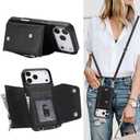 Crossbody Case for Apple 17 Pro Max with Card Holder, Wallet Case Removable Lanyard Wrist Strap Shockproof with Kickstand Women Cover for iPhone 17 Pro Max.Crossbody Black