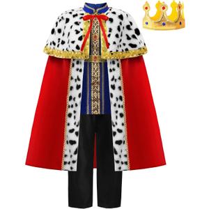 ReliBeauty Kids King Costume for Boys Girls with Robe (7-8/130, Red With Crown)