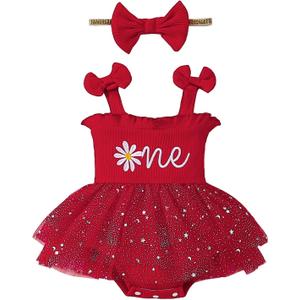 SUNNY PIGGY Baby Girl Clothes Newborn Infant Romper Sleeveless Suspender Dress Summer Outfits Sets with Hat (Red)