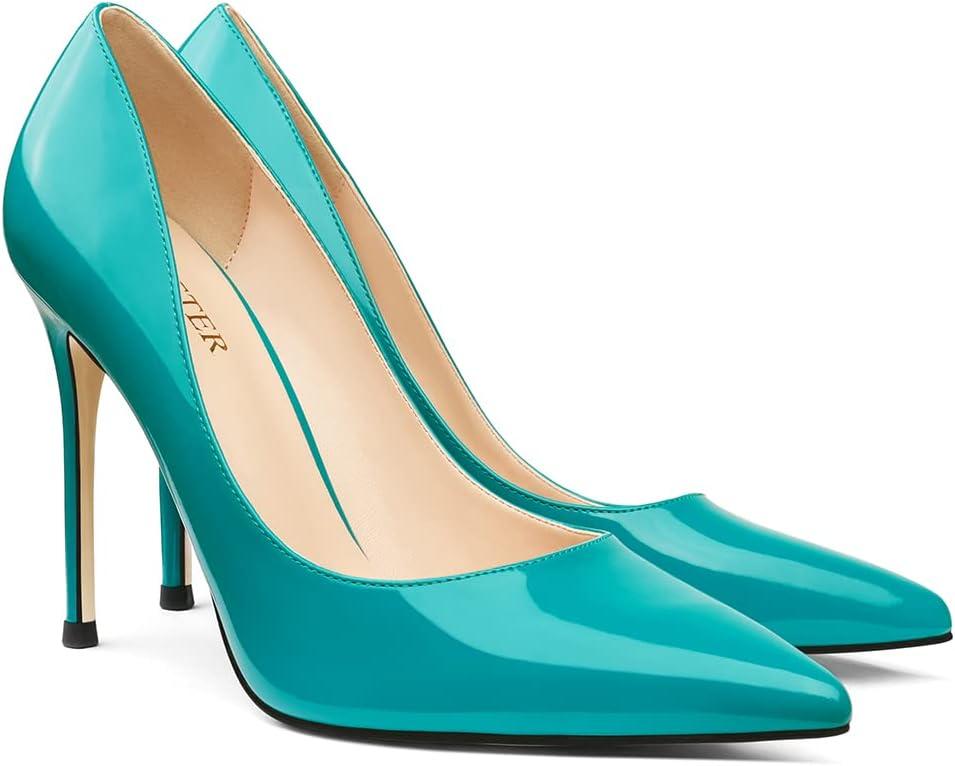 COLETER Women's 4 Inch Pumps Pointy Toe Wedding Dress Shoes Slip on Stiletto Pumps (8, Teal)